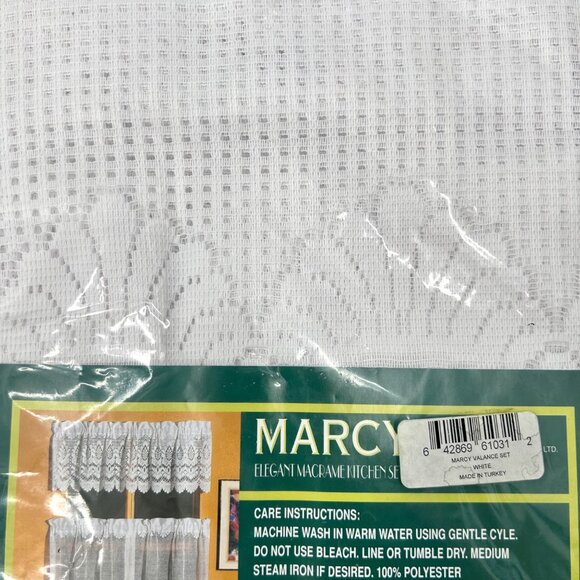 VINTAGE NIP MARCY ELEGANT MACRAME CAFE KITCHEN WHITE CURTAIN SET VALANCE TIERS - Picture 3 of 3